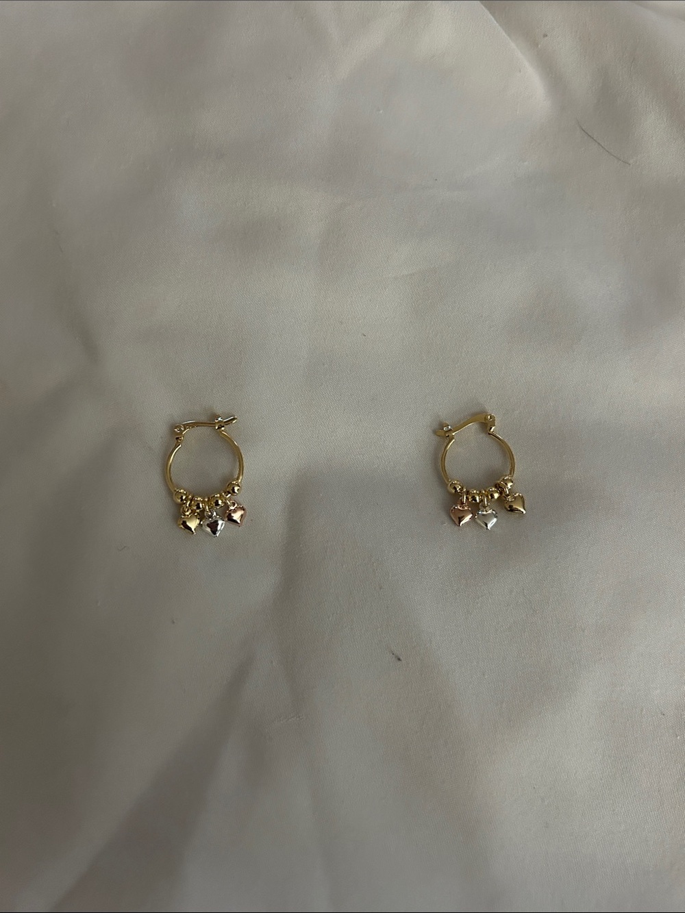 Gold Hoop Earrings with Tri-Color Heart Charms